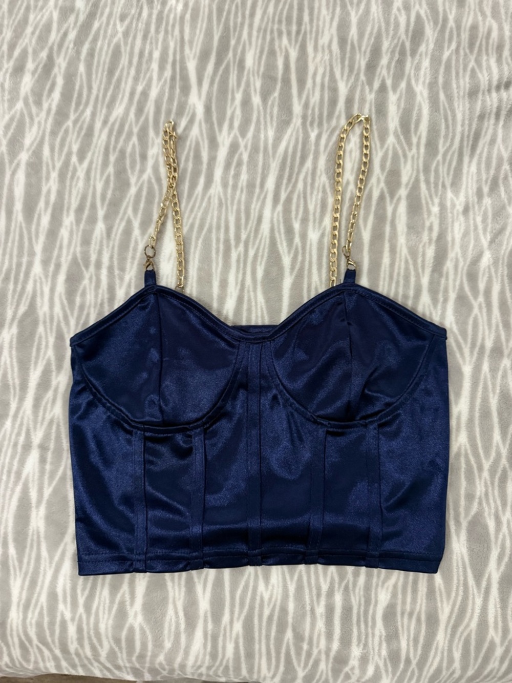 Women’s Navy Satin Bustier Crop Top with Gold Chain Straps